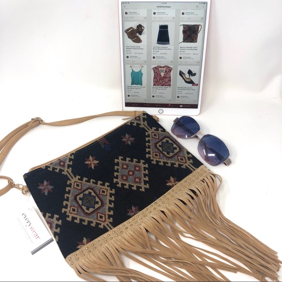 Handbags - Festival Print Crossbody Tapestry Bag with Fringe